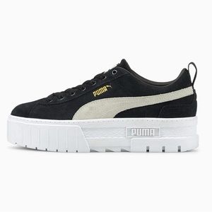 PUMA Mayze Black & White Stacked Sole Platform Suede Lace Up Low Top Snea